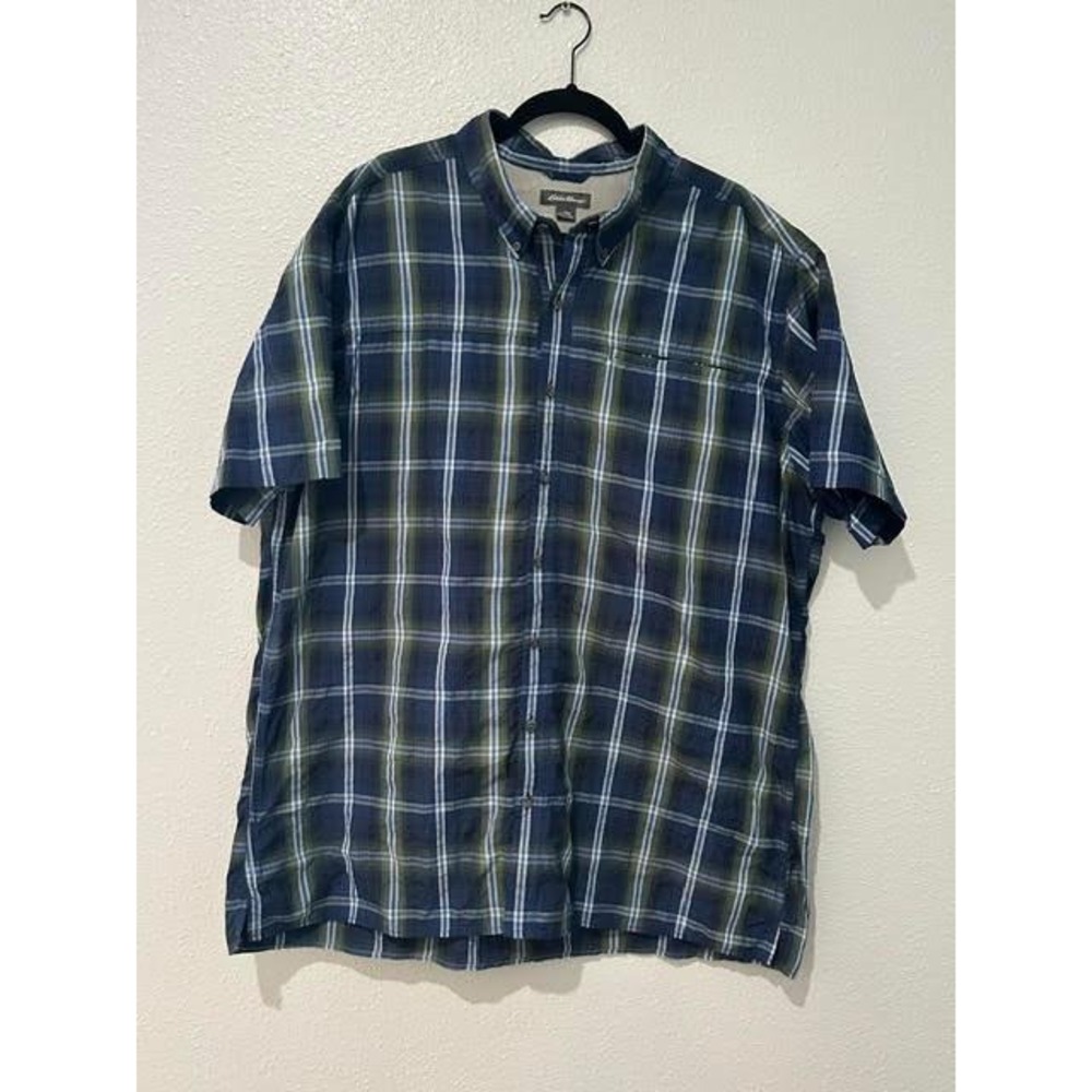 Eddie Bauer Mens TXL Plaid Short Sleeve Button Down Shirt Blue Green Hiking